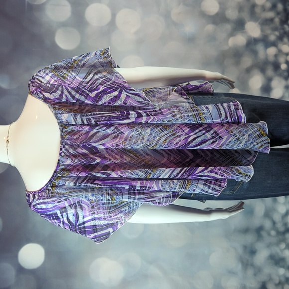 Cato Women's sz M Flutter Sleeves Abstract Purple Print Lined Top - Picture 4 of 7